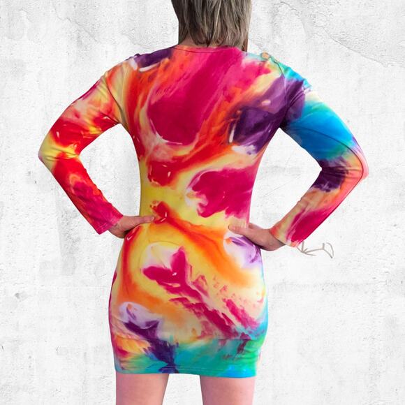 Ice Dyed Bodycon Dress - Long-sleeve Night Out - Rock meets Boho Women's Large - Picture 8 of 11